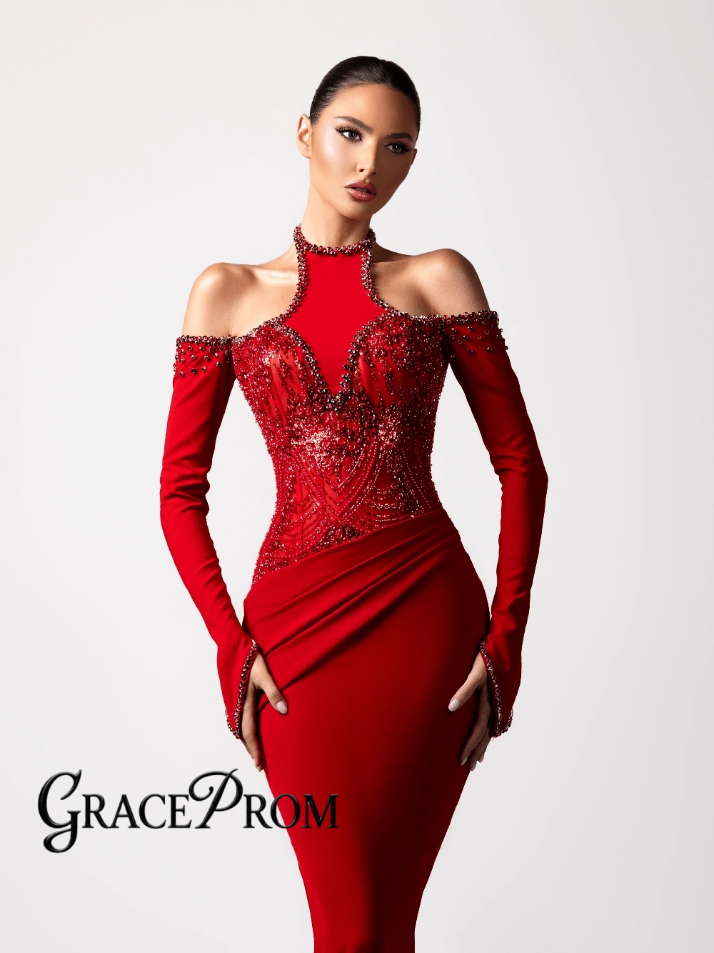 Formal Gala Wear Women - Vestido de Noite Halter Vermelho Sexy,
